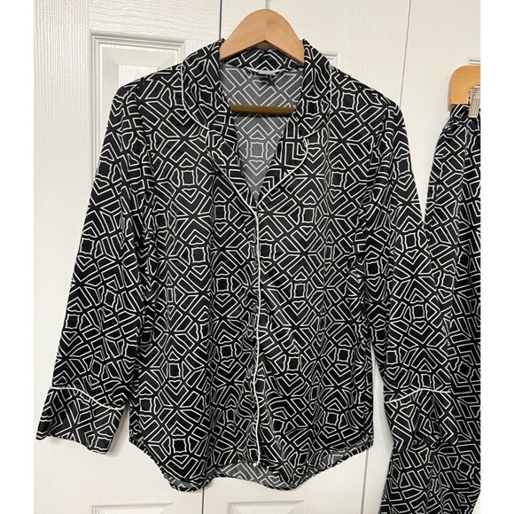 NATORI Private Luxuries Womens M Black White Pajama Set Silky Satin Lounge Sleep - Picture 2 of 10